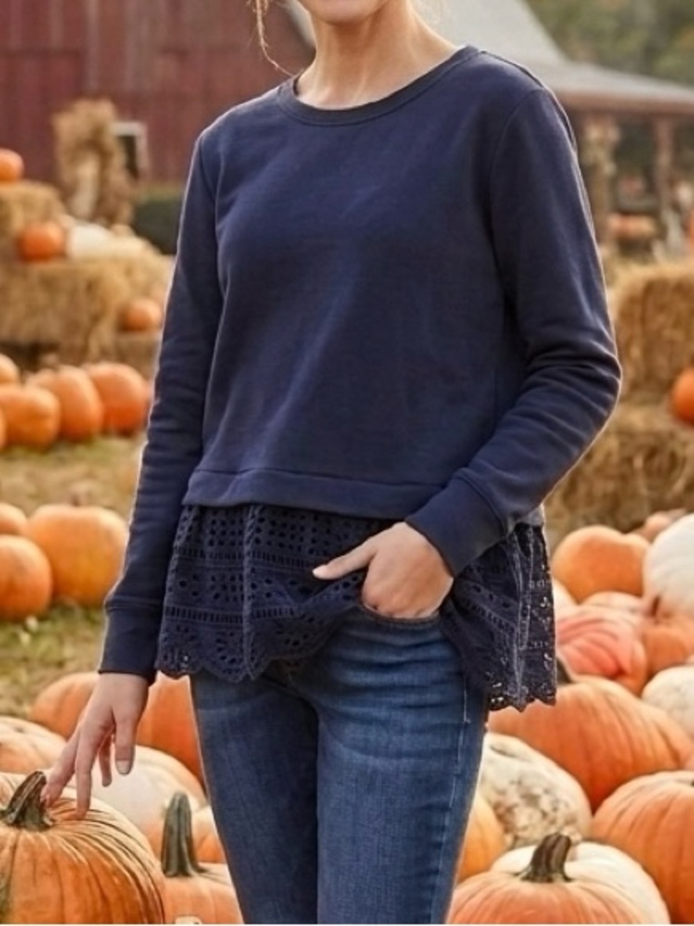 JCrew Navy Blue Eyelet Scallop Hem Mixed Media Sweatshirt Sweater Small S